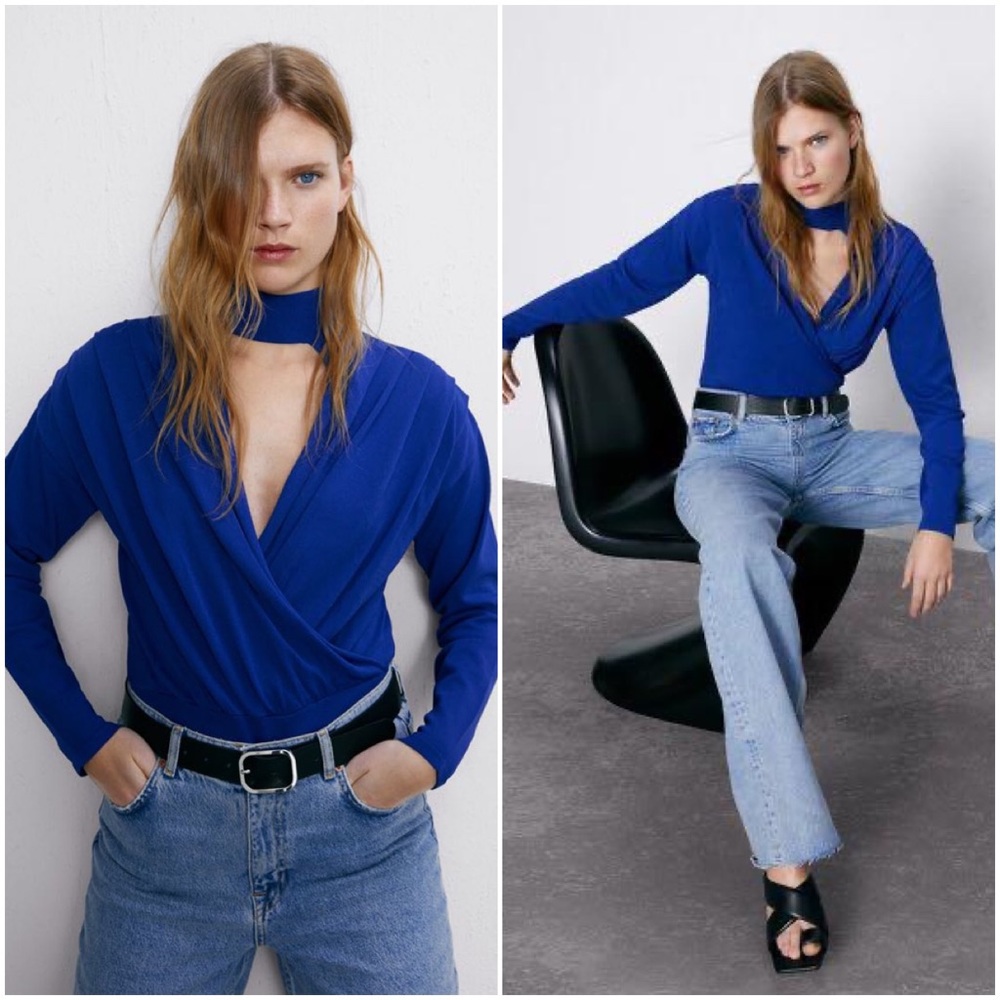 NWT ZARA Cobalt Royal Blue Draped Choker Knit Bodysuit